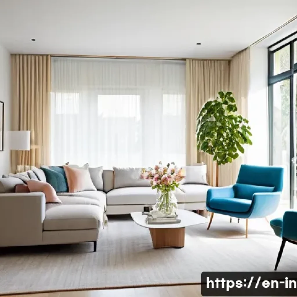 거실 가구 배치 노하우 - A modern living room with thoughtfully arranged furniture maintaining clear traffic paths of 30-36 i...