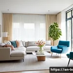 Home 22 거실 가구 배치 노하우 - A modern living room with thoughtfully arranged furniture maintaining clear traffic paths of 30-36 i...