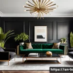 Home 21 블랙 인테리어 감성 연출 - A sophisticated black interior living room bathed in warm, layered lighting with dimmers, featuring ...