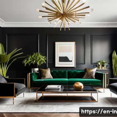 Home 33 블랙 인테리어 감성 연출 - A sophisticated black interior living room bathed in warm, layered lighting with dimmers, featuring ...