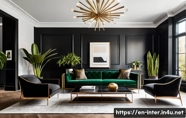 블랙 인테리어 감성 연출 - A sophisticated black interior living room bathed in warm, layered lighting with dimmers, featuring ...