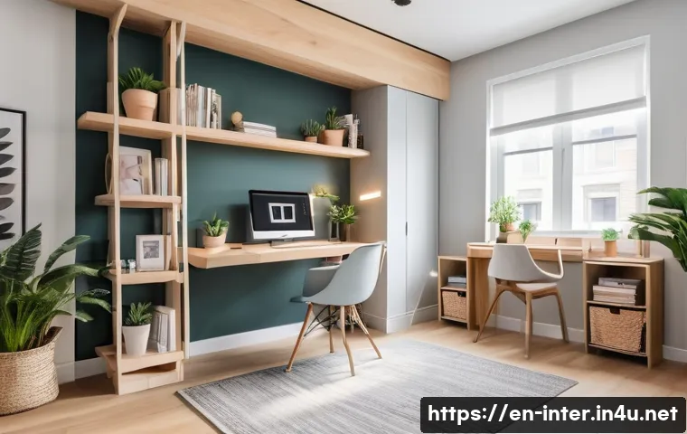 좁은 방 가구 배치 팁 - A cozy small studio apartment interior featuring a tall loft bed with a built-in desk and storage sh...
