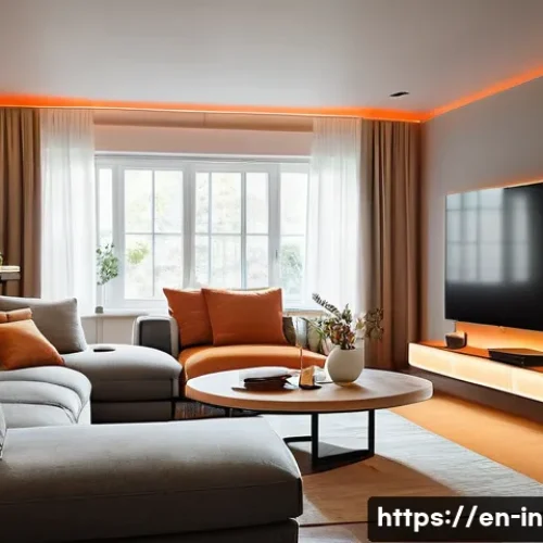 Home 31 스마트홈 인테리어 아이템 - A modern living room bathed in adaptive smart lighting, showcasing a cozy movie night atmosphere wit...