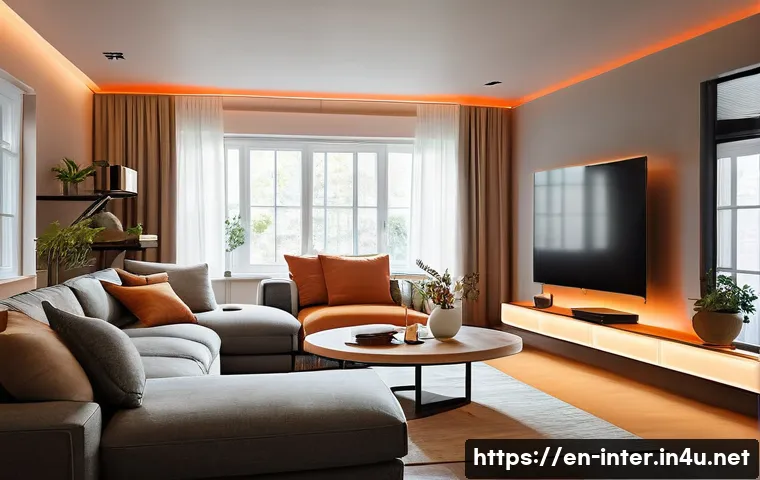 스마트홈 인테리어 아이템 - A modern living room bathed in adaptive smart lighting, showcasing a cozy movie night atmosphere wit...
