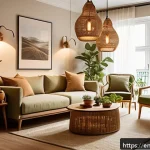Home 18 카페 분위기 나는 조명 - A cozy living room scene bathed in warm ambient light from multiple light sources: Edison bulbs with...
