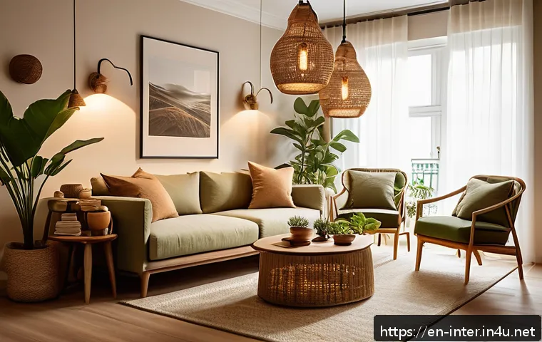 카페 분위기 나는 조명 - A cozy living room scene bathed in warm ambient light from multiple light sources: Edison bulbs with...