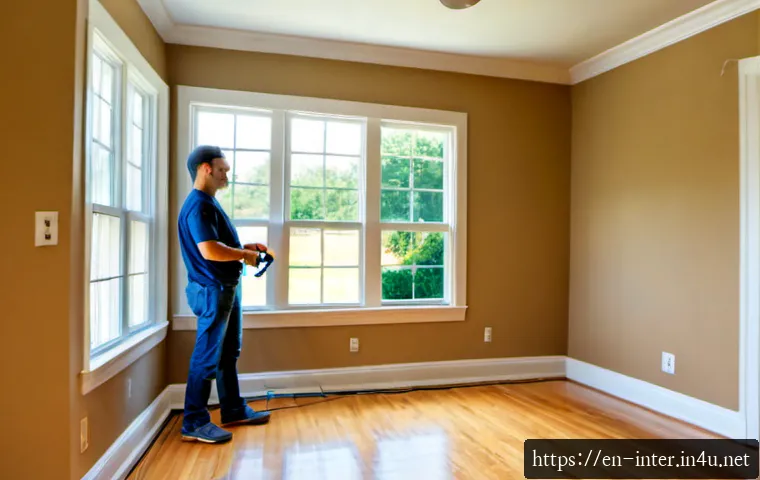 Home 17 이사 전 꼭 해야 할 인테리어 - Photorealistic wide-angle view of an empty newly purchased suburban home living room before moving d...