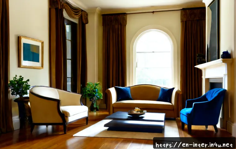 모던 클래식 인테리어 스타일 - Photorealistic modern classic living room in an elegant American townhouse, balanced symmetrical com...