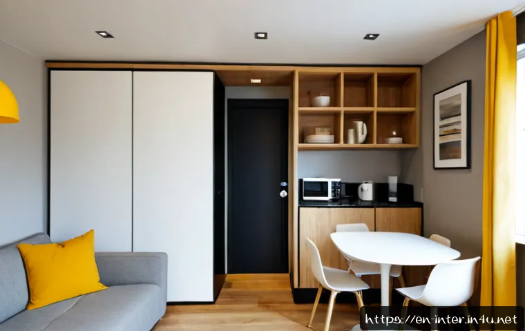 작은 집 수납 최적화 - Photorealistic compact studio apartment optimized for storage, wide eye-level view from the entry to...